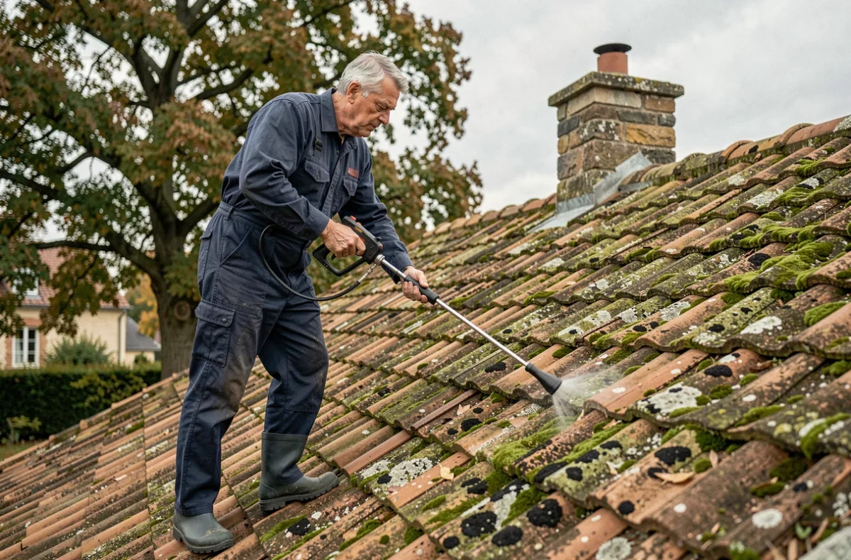 Professionnel utilisant un nettoyeur basse pression sur des tuiles en terre cuite recouvertes de mousse et de lichens