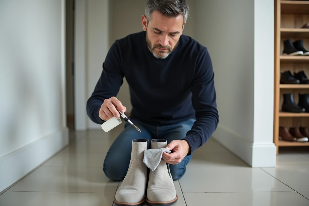 Homme appliquant un nettoyant liquide pour cuir sur des bottines en daim avec un chiffon microfibre