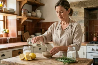 Femme préparant un nettoyant naturel maison avec du vinaigre blanc, du citron et du bicarbonate sur un plan de travail en bois rustique