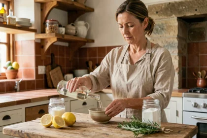 Femme préparant un nettoyant naturel maison avec du vinaigre blanc, du citron et du bicarbonate sur un plan de travail en bois rustique