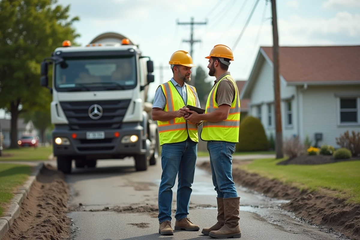 Ouvrier de construction discutant avec un chauffeur de bétonnière sur un chantier résidentiel
