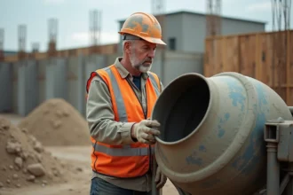 Ouvrier en chantier surveillant le mélange de mortier dans une bétonnière électrique pour la réalisation de fondations