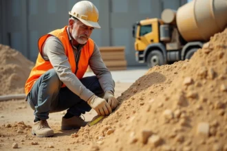 Ouvrier de chantier mesurant un tas de sable pour dalle béton sur un chantier de construction extérieur