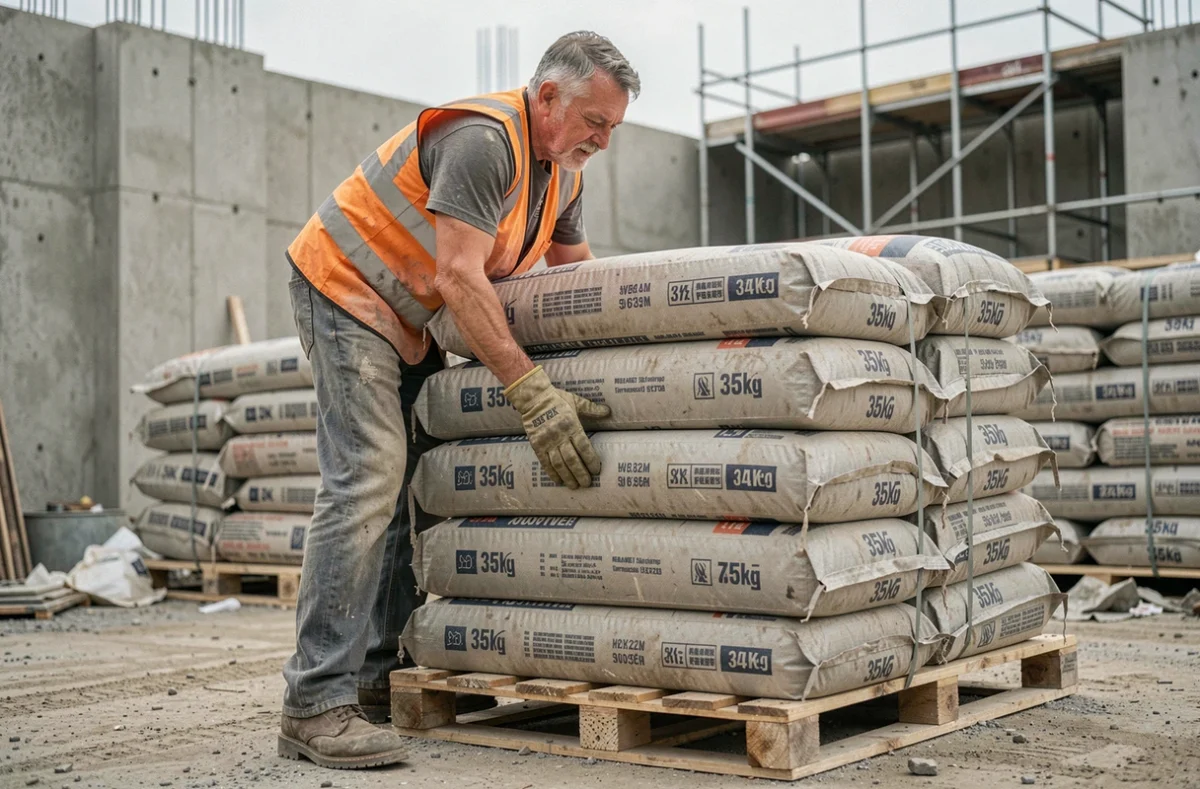 Ouvrier empilant des sacs de béton 35 kg sur palette dans un chantier de construction actif