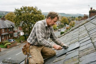 Ouvrier couvreur ajustant des tuiles en ardoise sur un toit résidentiel