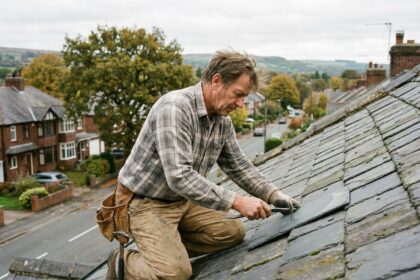 Ouvrier couvreur ajustant des tuiles en ardoise sur un toit résidentiel