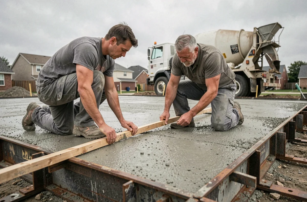Ouvriers nivelant une dalle béton fraîchement coulée sur un chantier résidentiel