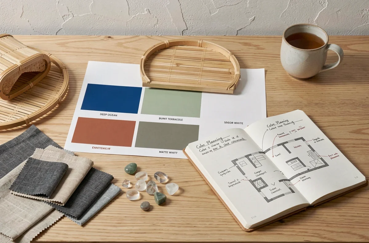 Palette de couleurs Feng Shui pour salon avec échantillons de peinture et éléments naturels posés sur table en bois