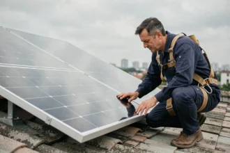 Technicien inspectant un panneau solaire bifacial sur un toit avec vue sur la double surface en verre