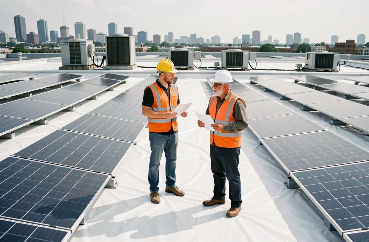 Deux techniciens discutant entre des rangées de panneaux solaires bifaciaux sur une toiture commerciale blanche réfléchissante