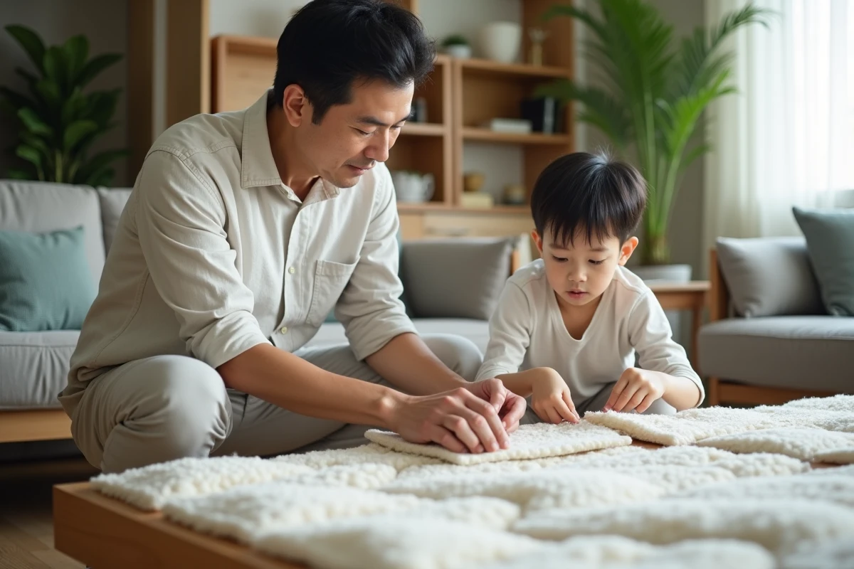 Pere et enfant examinant des matelas futon en famille