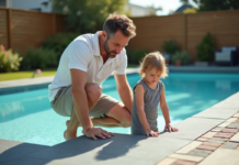 Sécurité piscine : comment choisir le meilleur équipement de protection ? Père et fille examinent la couverture de piscine en extérieur