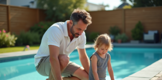 Sécurité piscine : comment choisir le meilleur équipement de protection ? Père et fille examinent la couverture de piscine en extérieur