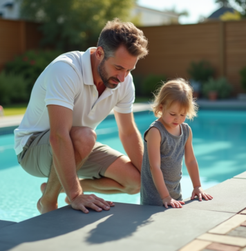 Sécurité piscine : comment choisir le meilleur équipement de protection ? Père et fille examinent la couverture de piscine en extérieur