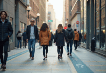 Groupe de piétons dans une ville moderne avec marquages au sol