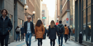 Groupe de piétons dans une ville moderne avec marquages au sol