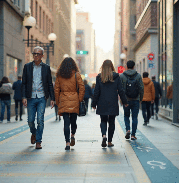Groupe de piétons dans une ville moderne avec marquages au sol