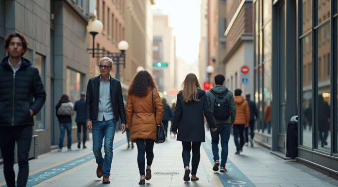 Groupe de piétons dans une ville moderne avec marquages au sol