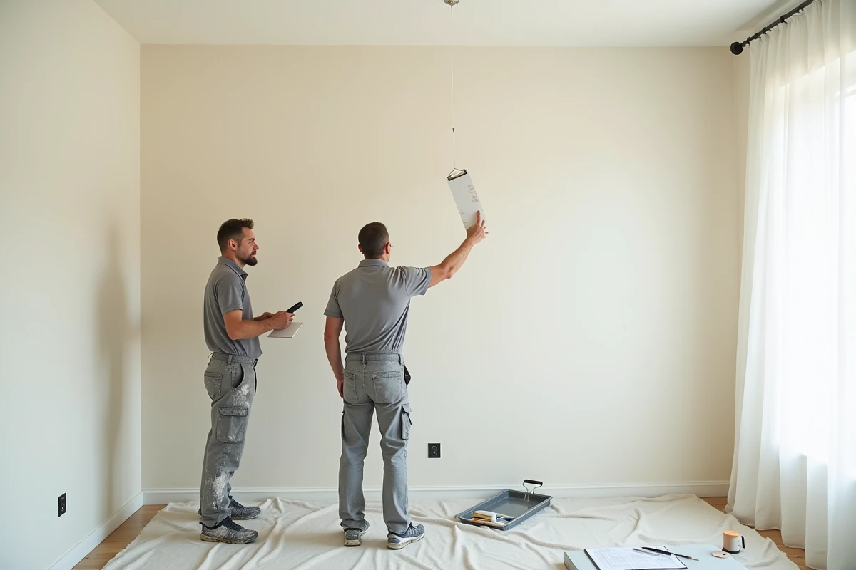 Deux peintres professionnels évaluant le résultat d'une peinture murale dans un appartement rénové avec devis en main