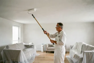 Peintre professionnel appliquant une peinture mate blanche sur un plafond rénové dans un salon moderne