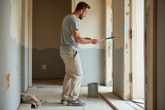 Artisan peignant par-dessus une ancienne peinture glycérophtalique sans ponçage sur un encadrement de porte en bois