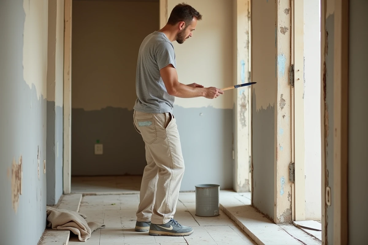 Artisan peignant par-dessus une ancienne peinture glycérophtalique sans ponçage sur un encadrement de porte en bois