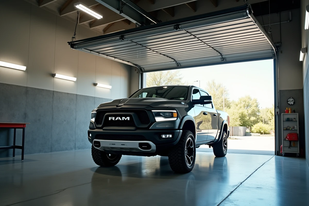 Pick-up 4x4 gris entrant dans un garage résidentiel avec une porte sectionnelle en aluminium, vue depuis l'intérieur
