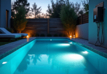 Piscine moderne la nuit avec éclairage sous-marin et panneau électrique