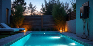 Piscine moderne la nuit avec éclairage sous-marin et panneau électrique
