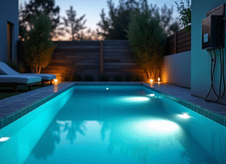 Piscine moderne la nuit avec éclairage sous-marin et panneau électrique