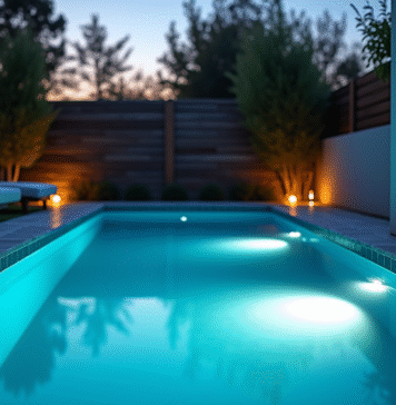 Ampères nécessaires pour éclairage piscine : calcul et recommandations Piscine moderne la nuit avec éclairage sous-marin et panneau électrique