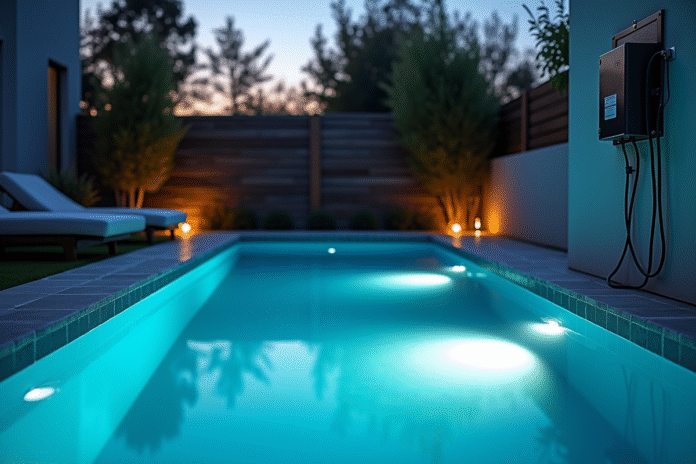 Piscine moderne la nuit avec éclairage sous-marin et panneau électrique