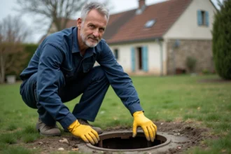 Plombier professionnel inspectant un drain de fosse septique saturée dans le jardin d'une maison en location