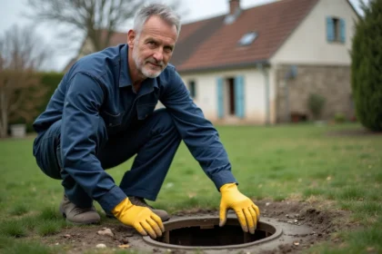 Plombier professionnel inspectant un drain de fosse septique saturée dans le jardin d'une maison en location