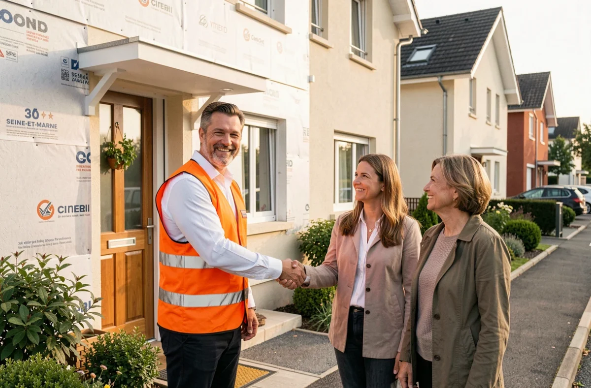 Artisan certifié Plus Que Pro du bâtiment en Seine-et-Marne concluant un contrat avec des propriétaires devant leur maison rénovée