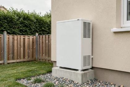 Pompe à chaleur aérothermie installée sur la façade extérieure d'une maison individuelle moderne