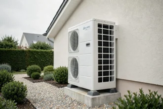 Pompe à chaleur air-eau installée sur la façade extérieure d'une maison contemporaine avec base en béton et jardin entretenu