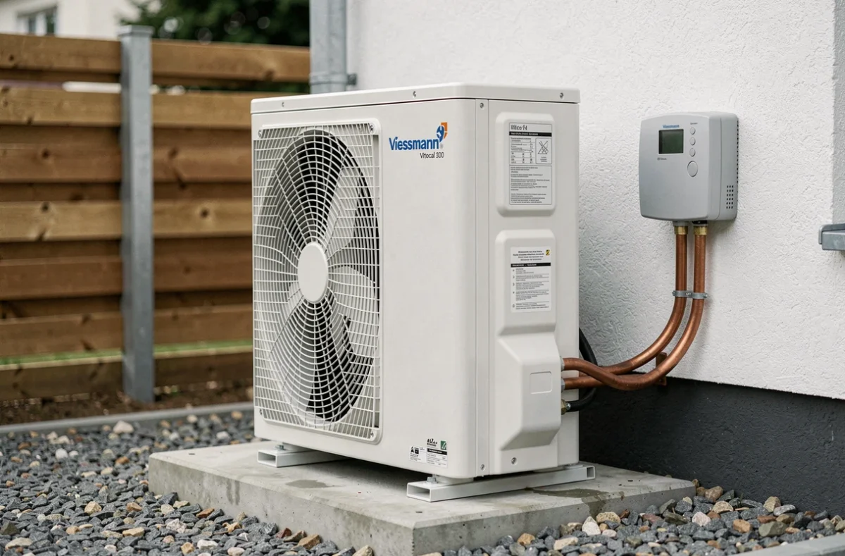 Pompe à chaleur Viessmann Vitocal 300 posée sur dalle béton à l'extérieur d'une maison contemporaine