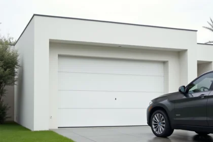 Porte de garage sectionnelle blanche devant un SUV garé sur une allée en béton, vue en angle bas