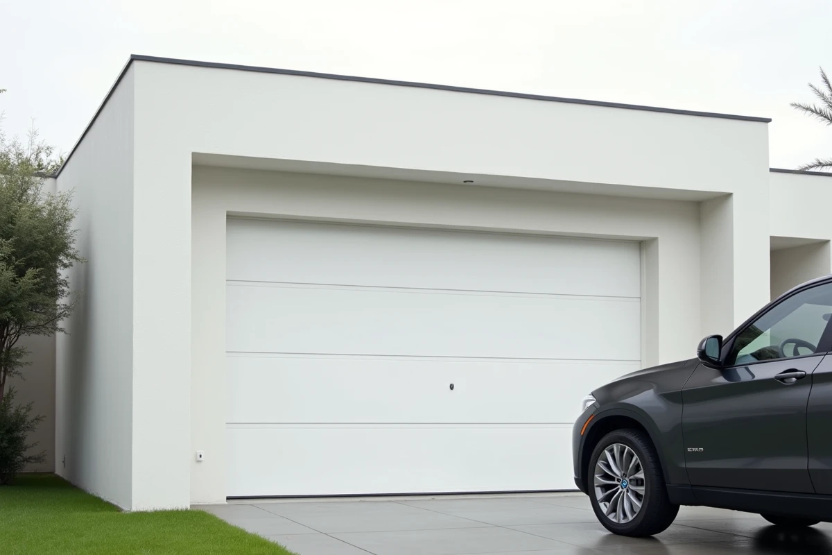 Porte de garage sectionnelle blanche devant un SUV garé sur une allée en béton, vue en angle bas