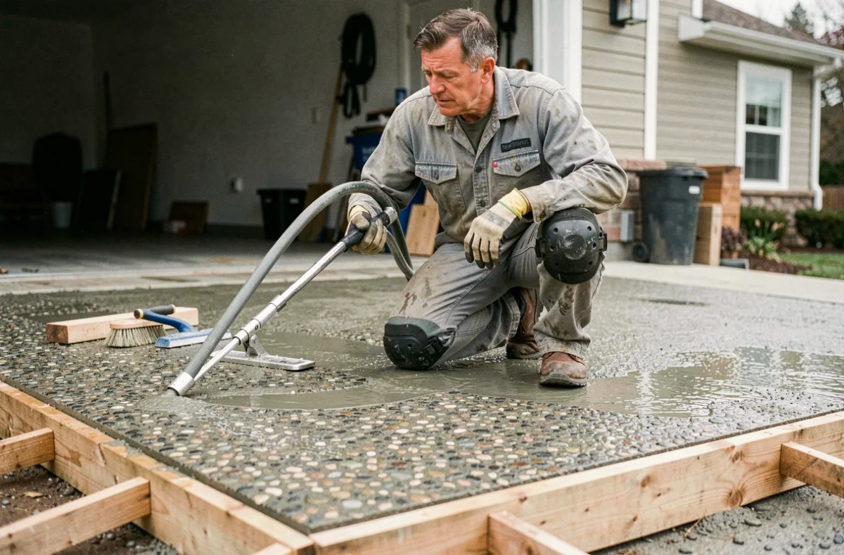 Artisan en train de réaliser un béton désactivé pour une entrée de garage en lavant la surface pour révéler les granulats