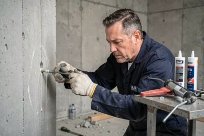 Ouvrier posant un boulon d'ancrage avec scellement chimique dans un mur en béton sur chantier industriel