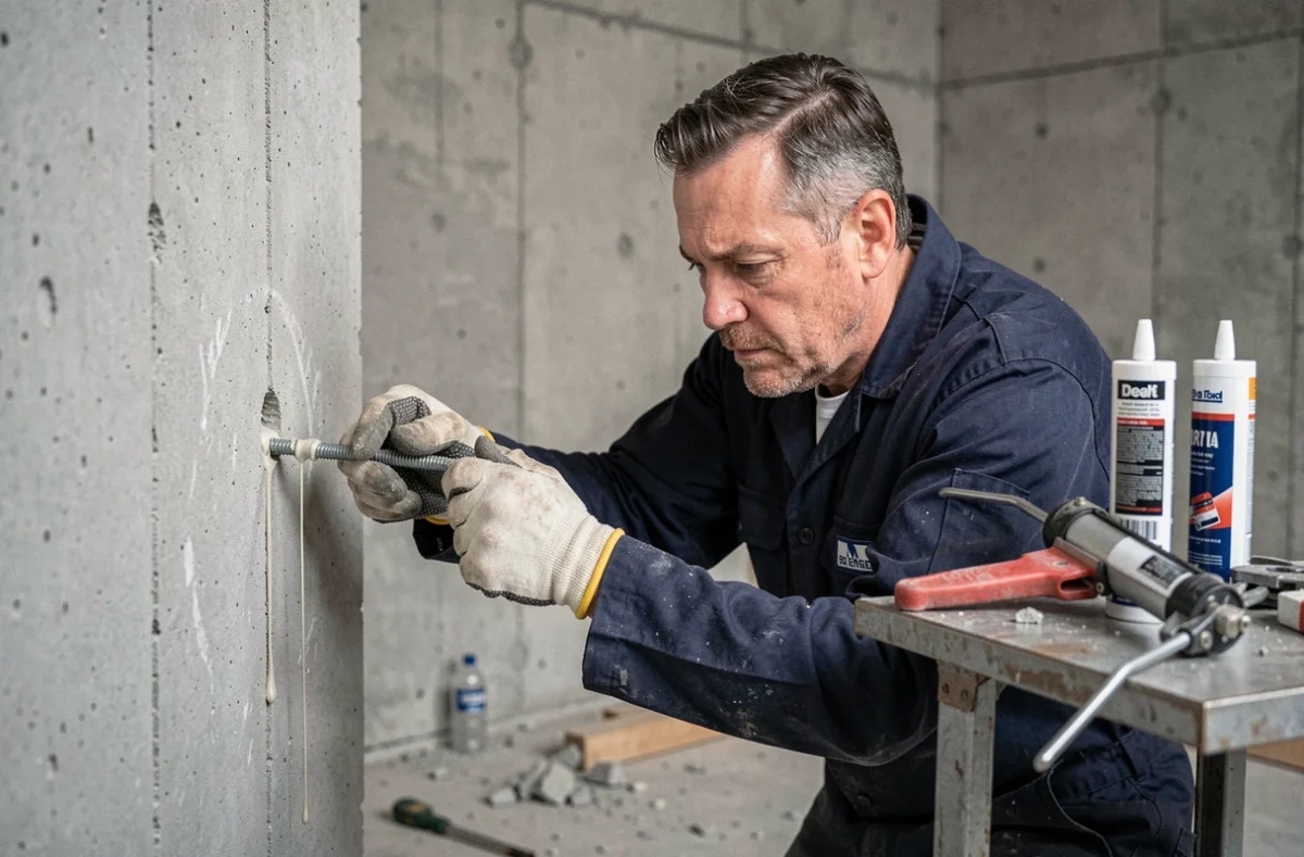 Ouvrier posant un boulon d'ancrage avec scellement chimique dans un mur en béton sur chantier industriel