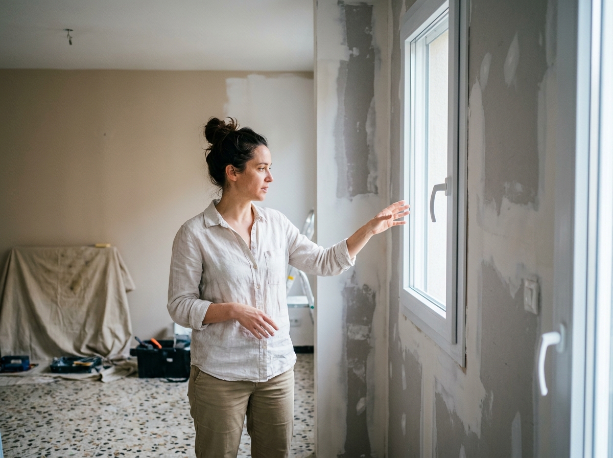 Femme supervisant la pose d'une fenêtre double vitrage en PVC dans un appartement rénové des années 70