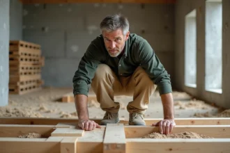 Ouvrier positionner une solive en bois sur un chantier de construction de plancher