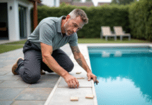 Ouvrier posant une carrelage autour de la piscine extérieure