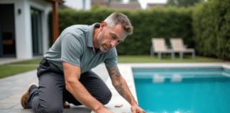 Ouvrier posant une carrelage autour de la piscine extérieure