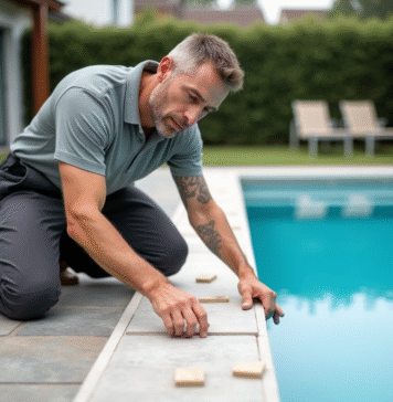 Ouvrier posant une carrelage autour de la piscine extérieure