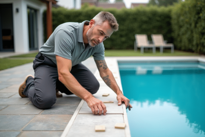 Ouvrier posant une carrelage autour de la piscine extérieure