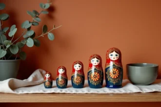 Ensemble de poupées russes matriochkas colorées disposées sur une étagère en chêne avec accessoires décoratifs chaleureux